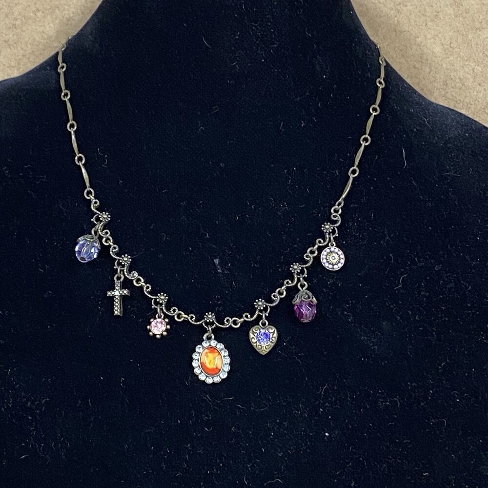 Vtg Avon Charm Necklace Victorian Style Bronze-tone Purple Pink Cross